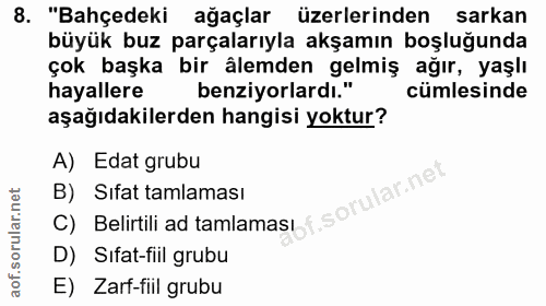8. soru: "Bahçedeki ağaçlar üzerlerinden sarkan büyük buz parçalarıyla akşamın boşluğunda çok başka bir âlemden gelmiş ağır, y…
