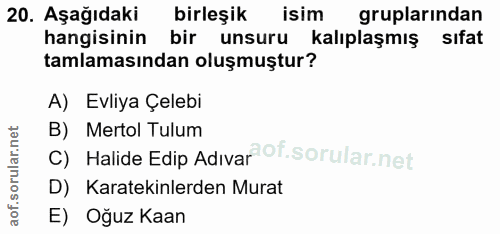 20. soru: Aşağıdaki birleşik isim gruplarindan hangisinin bir unsuru kalıplaşmış sıfat tamlamasından oluşmuştur? A) Evliya Çele…
