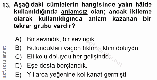 13. soru: Aşağıdaki cümlelerin hangisinde yalın hâlde kullanıldığında anlamsız olan; ancak ikileme olarak kullanıldığında anlam…