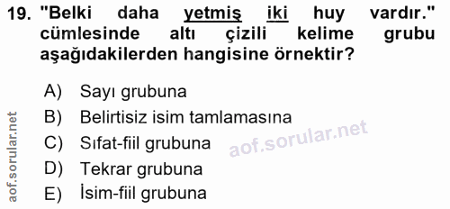 19. soru: "Belki daha yetmiş iki huy vardir." cümlesinde altı çizili kelime grubu aşağıdakilerden hangisine örnektir? A) Sayı g…
