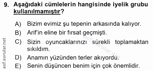 9. soru: Aşağıdaki cümlelerin hangisinde iyelik grubu kullanılmamıştır? A) Bizim evimiz şu tepenin arkasında kalıyor. B) Arif'…