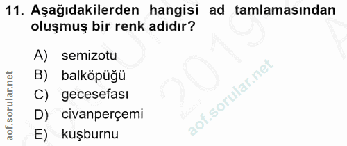 11. soru: Aşağıdakilerden hangisi ad tamlamasindan oluşmuş bir renk adıdır? A) semizotu B) balköpüğü C) gecesefası D) civanperç…