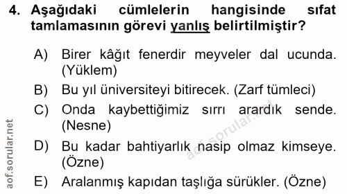 4. soru: Aşağıdaki cümlelerin hangisinde sifat tamlamasının görevi yanlış belirtilmiştir? A) Birer kåğıt fenerdir meyveler dal…