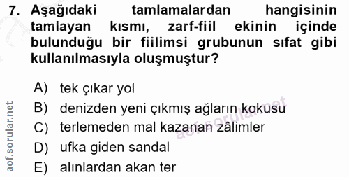 7. soru: Aşağıdaki tamlamalardan hangisinin tamlayan kısmı, zarf-fiil ekinin içinde bulunduğu bir fiilimsi grubunun sıfat gibi…