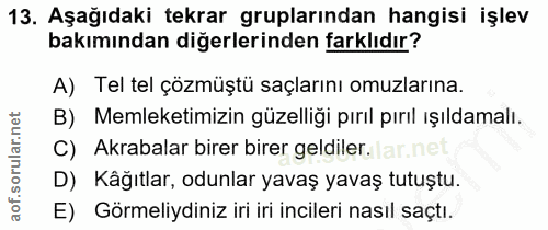 13. soru: Aşağıdaki tekrar gruplarından hangisi işlev bakımından diğerlerinden farklıdır? A) Tel tel çözmüştü saçlarını omuzlar…