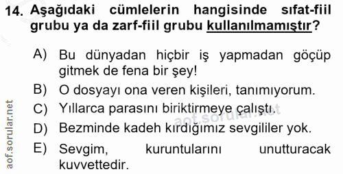 14. soru: Aşağıdaki cümlelerin hangisinde sıfat-fiil grubu ya da zarf-fiil grubu kullanılmamıştır? A) Bu dünyadan hiçbir iş yap…