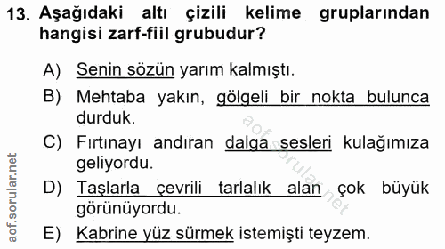 13. soru: Aşağıdaki altı çizili kelime gruplarından hangisi zarf-fiil grubudur? A) Senin sözün yarım kalmıştı. B) Mehtaba yakın…