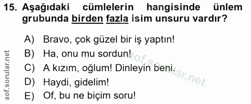15. soru: Aşağıdaki cümlelerin hangisinde ünlem grubunda birden fazla isim unsuru vardır? A) Bravo, çok güzel bir iş yaptın! B)…