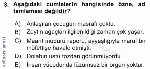 3. soru: Aşağıdaki cümlelerin hangisinde özne, ad tamlaması değildir? A) Anlaşılan çocuğun masrafı çoktu. B) Zeytin ağaçları i…