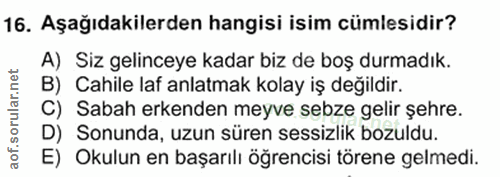 16. soru: Aşağıdakilerden hangisi isim cümlesidir? A) Siz gelinceye kadar biz de boş durmadık. B) Cahile laf anlatmak kolay iş…