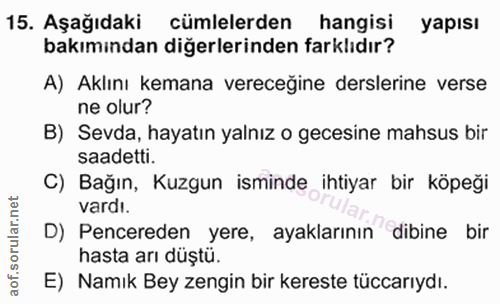 15. soru: Aşağıdaki cümlelerden hangisi yapısı bakımından diğerlerinden farklıdır? A) Aklını kemana vereceğine derslerine verse…