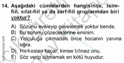 14. soru: Aşağıdaki cümlelerden hangisinde, isim- fiil, sıfat-fiil ya da zarf-fiil gruplarından biri yoktur? A) Sözünü eveleyip…