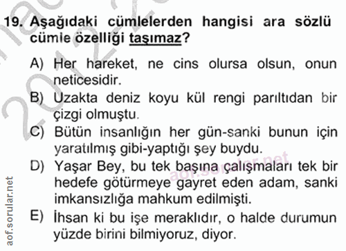 19. soru: Aşağıdaki cümlelerden hangisi ara sözlü cümie özelliği taşımaz? A) Her hareket, ne cins olursa olsun, onun neticesidi…