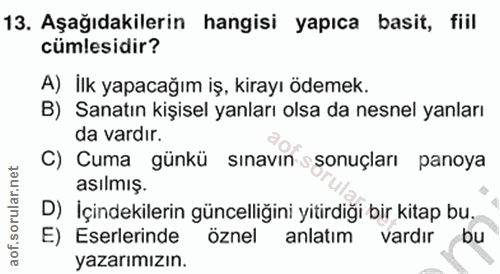 13. soru: Aşağıdakilerin hangisi yapıca basit, fiil cümlesidir? A) ilk yapacağım iş, kirayı ödemek. B) Sanatın kişisel yanları…
