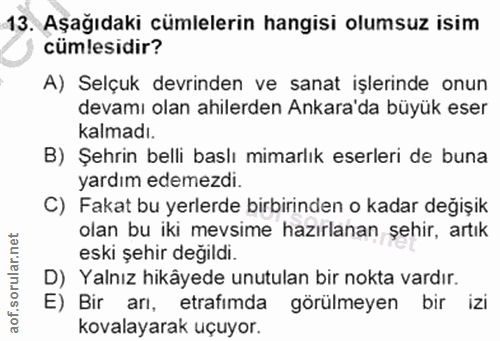 13. soru: Aşağıdaki cümlelerin hangisi olumsuz isim cümlesidir? A) Selçuk devrinden ve sanat işlerinde onun devamı olan ahilerd…
