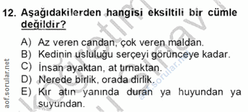 12. soru: Aşağıdakilerden hangisi eksiltili bir cümle değildir? A) Az veren candan, çok veren maldan. B) Kedinin usluluğu serçe…