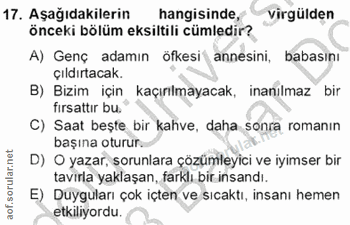 17. soru: Aşağıdakilerin@ hangisinde, virgülden önceki bölüm eksiltili cümledir? A) Genç adamın öfkesi annesini, babasını Çıldı…