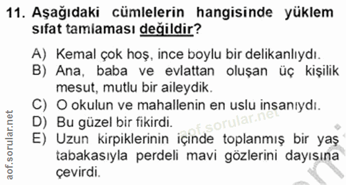 11. soru: Aşağıdaki cümlelerin hangisinde yüklem sıfat tamlaması değildir? A) Kemal çok hoş, ince boylu bir delikanlıydı. B) An…
