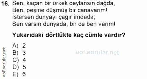 16. soru: Sen, kaçan bir ürkek ceylansın dağda, Ben, peşine düşmüş bir canavarım! Istersen dünyayı çağır imdada; Sen varsın dün…