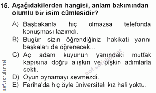 15. soru: Aşağıdakilerden hangisi, anlam bakımından olumlu bir isim cümlesidir? A) Başbakanla hiç olmazsa telefonda konuşması l…