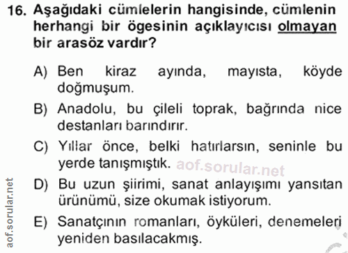 16. soru: Aşağıdaki cümlelerin hangisinde, cümlenin herhangi bir ögesinin açıklayıcısı olmayan bir arasöz vardır? A) Ben kiraz…