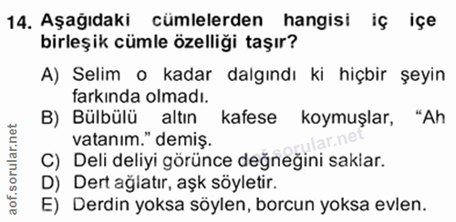 14. soru: Aşağıdaki cümlelerden hangisi iç içe birleşik cümle özelliği taşır? A) Selim o kadar dalgındı ki hiçbir şeyin farkınd…
