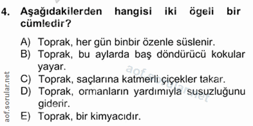 4. soru: Aşağıdakilerden hangisi iki ögeli bir cümledir? A) Toprak, her gün binbir özenle süslenir. B) Toprak, bu aylarda baş…