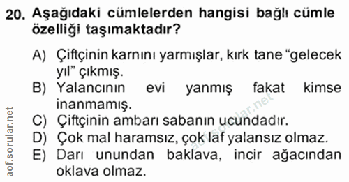 20. soru: Aşağıdaki cümlelerden hangisi bağlı cümle özelliği taşımaktadır? A) Çiftçinin karnını yarmışlar, kırk tane "gelecek y…