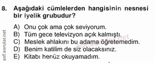 8. soru: Aşağıdaki cümlelerden hangisinin nesnesi bir iyelik grubudur? A) Onu çok ama çok seviyorum. B) Tüm gece televizyon aç…