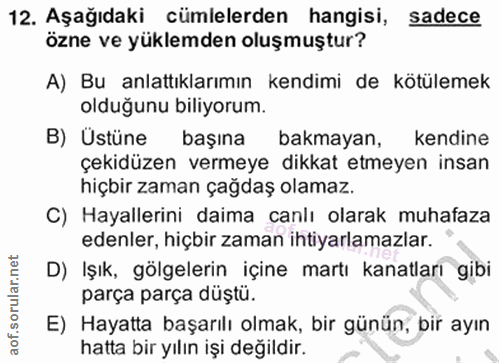 12. soru: Aşağıdaki cümlelerden hangisi, sadece özne ve yüklemden oluşmuştur? A) Bu anlattıklarımın kendimi de kötülemek olduğu…