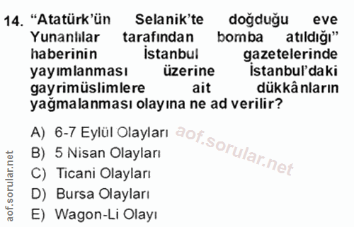 14. soru: "Atatürk'ün Selanik'te doğdugu eve Yunanlılar tarafından bomba atıldığı" haberinin Istanbul gazetelerinde yayımlanmas…
