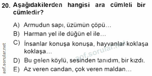 20. soru: Aşağıdakilerden hangisi ara cümleli bir cümledir? A) Armudun sapı, üzümün çöpü... B) Harman yel ile düğün el ile... C…