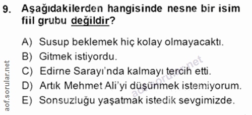 9. soru: Aşağıdakilerden hangisinde nesne bir isim fiil grubu degildir? A) Susup beklemek hiç kolay olmayacaktı. B) Gitmek ist…