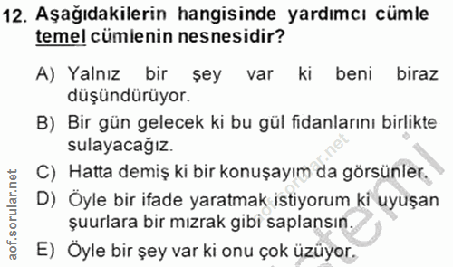 12. soru: Aşağıdakilerin hangisinde yardımcı cümle teme! cümlenin nesnesidir? A) Yalnız bir şey var ki beni biraz düşündürüyor.…