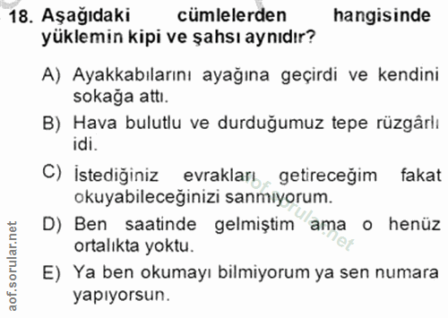 18. soru: Aşağıdaki cümlelerden hangisinde yüklemin kipi ve şahsı aynıdır? A) Ayakkabılarını ayağına geçirdi ve kendini sokağa…