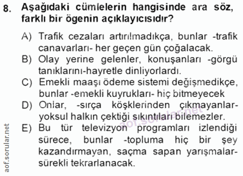 8. soru: Aşağıdaki cümlelerin hangisinde ara söz, farklı bir ögenin açıklayıcısıdır? A) Trafik cezaları artırılmadıkça, bunlar…