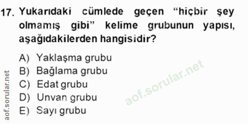 17. soru: Yukarıdaki cümlede geçen "hiçbir şey olmamış gibi" kelime grubunun yapısı, aşağıdakilerden hangisidir? A) Yaklaşma gr…