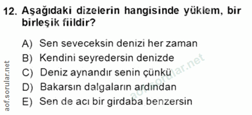 12. soru: Aşağıdaki dizelerin hangisinde yüklem, bir birleşik fiildir? A) Sen seveceksin denizi her zaman B) Kendini seyredersi…