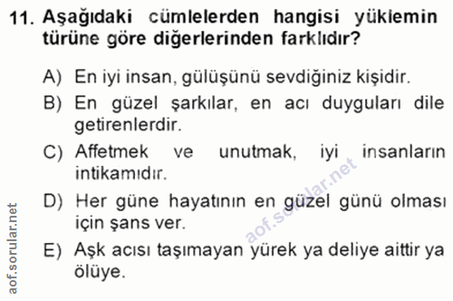 11. soru: Aşağıdaki cümlelerden hangisi yükiemin türüne göre diğerlerinden farklıdır? A) En iyi insan, gülüşünü sevdığiniz kişi…