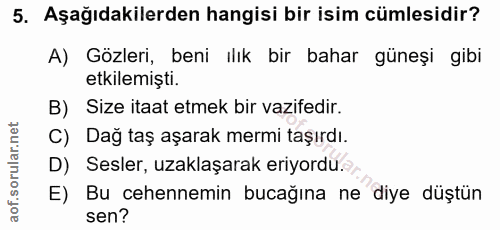 5. soru: Aşağıdakilerden hangisi bir isim cümlesidir? A) Gözleri, beni ilik bir bahar güneşi gibi etkilemiştı. B) Size itaat e…