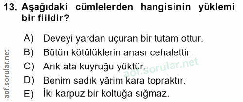 13. soru: Aşağıdaki cümlelerden hangisinin yüklemi bir fiildir? A) Deveyi yardan uçuran bir tutam ottur. B) Bütün kötülüklerin…