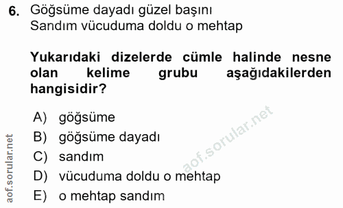 6. soru: Göğsüme dayadı güzel başını Sandım vücuduma doldu o mehtap Yukarıdaki dizelerde cümle halinde nesne olan kelime grubu…