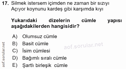 17. soru: Silmek istersem içimden ne zaman bir sızıyı Açıyor koynunu kardeş gibi karşımda kıyı Yukarıdaki dizelerin cümle yapıs…