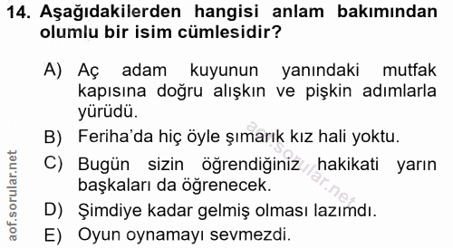 14. soru: Aşağıdakilerden hangisi anlam bakımından olumlu bir isim cümlesidir? A) Aç adam kuyunun yanındaki mutfak kapısına doğ…