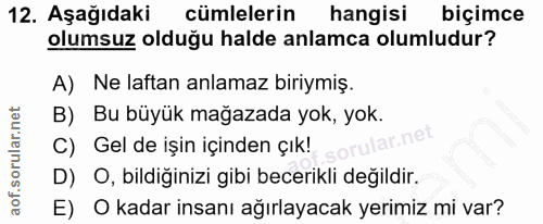 12. soru: Aşağıdaki cümlelerin hangisi biçimce olumsuz olduğu halde anlamca olumludur? A) Ne laftan anlamaz biriymiş. B) Bu büy…