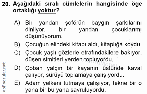 20. soru: Aşağıdaki sıralı cümlelerin hangisinde öge ortaklığı yoktur? A) Bir yandan şoförün baygın şarkılarını dinliyor, bir y…