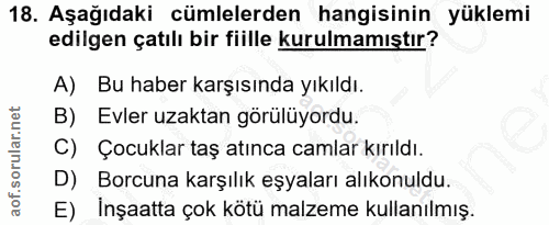 18. soru: Aşağıdaki cümlelerden hangisinin yüklemi edilgen çatılı bir fiille kurulmamıştır? A) Bu haber karşısında yıkıldı. B)…