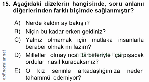 15. soru: Aşağıdaki dizelerin hangisinde, soru anlamı diğerlerinden farklı biçimde sağlanmıştır? A) Nerde kaldın ay bakışlı? B)…