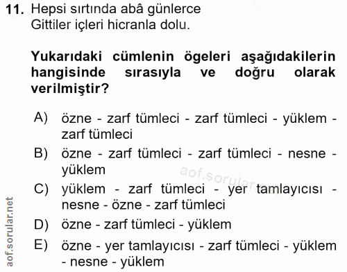 11. soru: Hepsi sırtında abâ günlerce Gittiler içleri hicranla dolu. Yukarıdaki cümlenin ögeleri aşağıdakilerin hangisinde sıra…