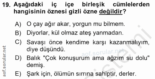 19. soru: Aşağıdaki iç içe birleşik cümlelerden hangisinin öznesi gizli özne değildir? A) O çay ağır akar, yorgun mu bilmem. B)…